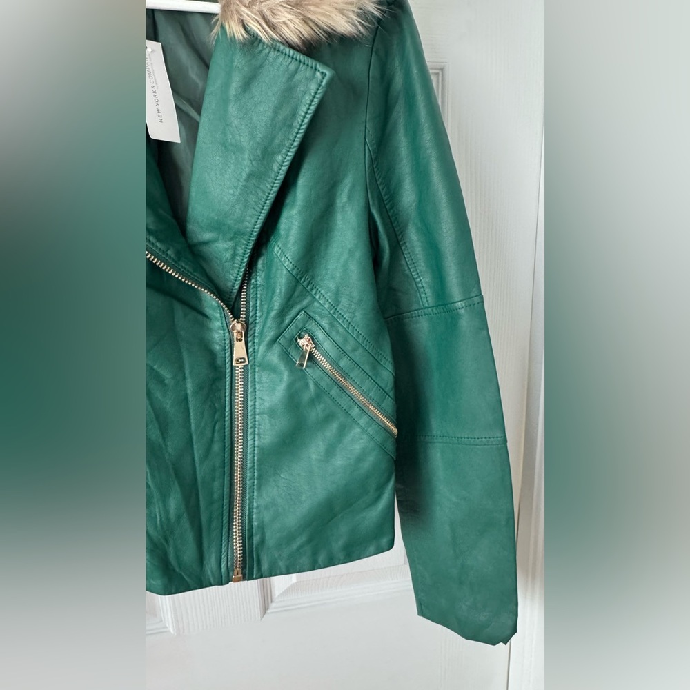 New York & Company Emerald Green Faux Leather Moto Jacket with Faux Fur Trim - Picture 3 of 14